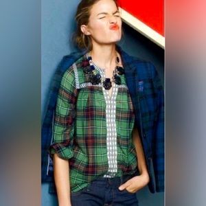 J Crew Green Holiday Embroidered Peasant Top